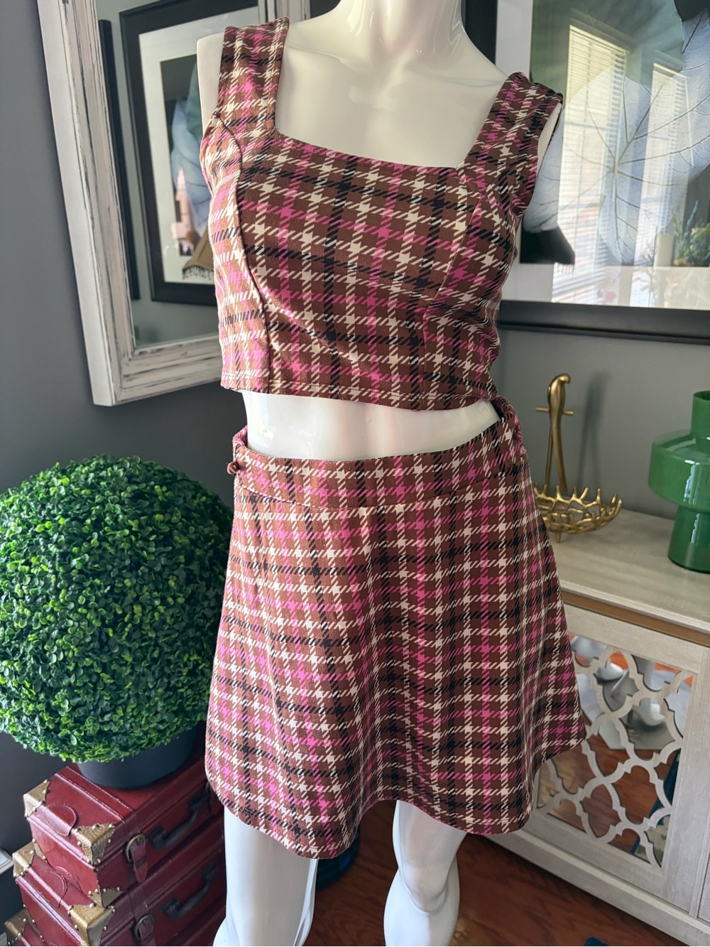 Pink and Brown Plaid Two-Piece Skirt Set - Picture 2 of 6